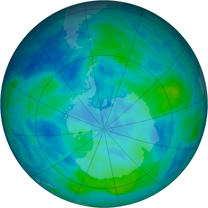 Antarctic ozone map for 13 March 1991